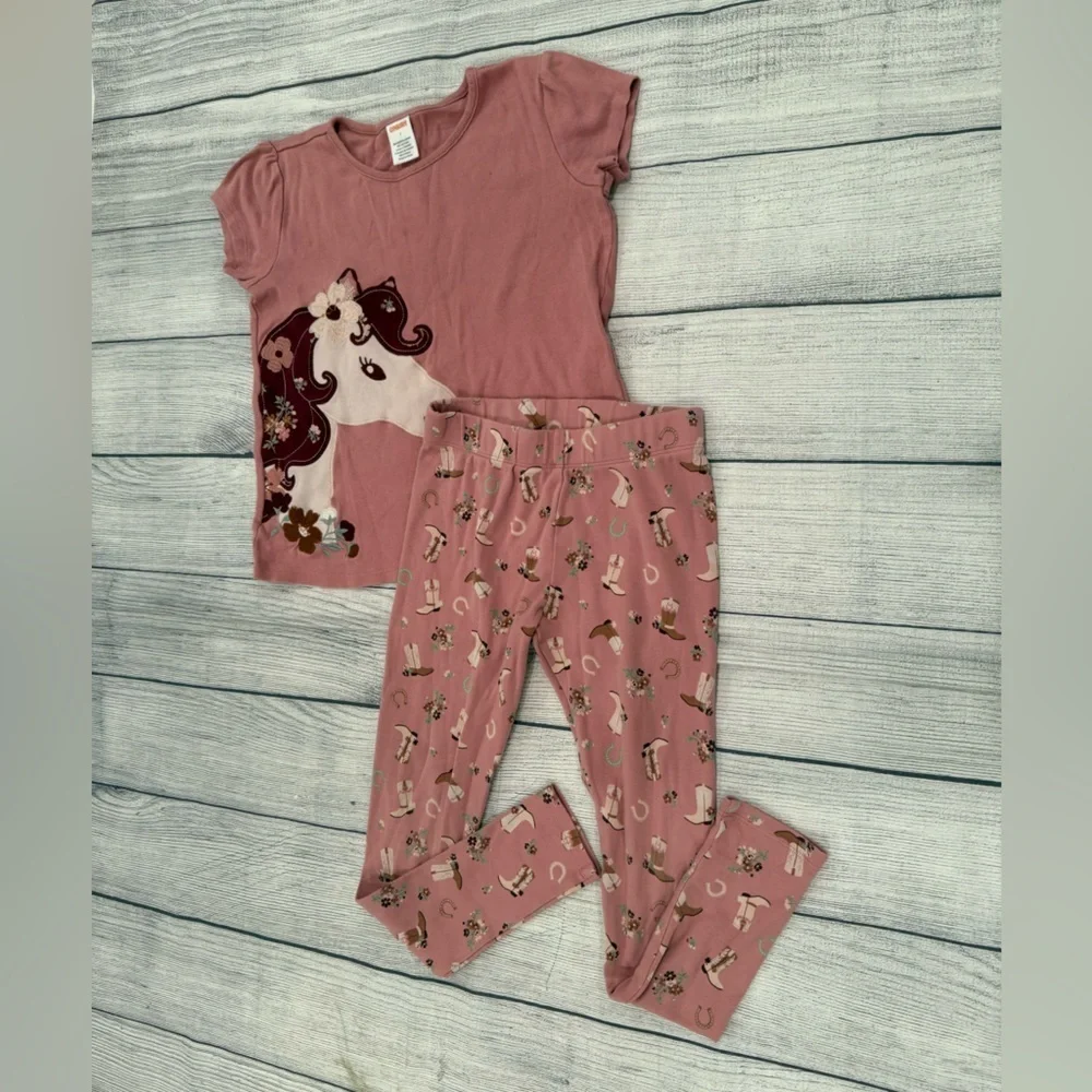Gymboree Pink Pajama Set with Ruffled Top and Floral Bottoms/girls size 7